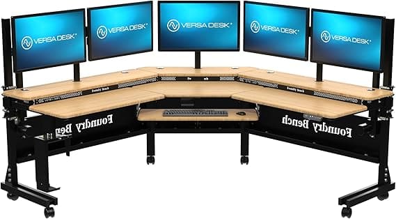 Split-level bamboo L-shaped standing desk with height control system