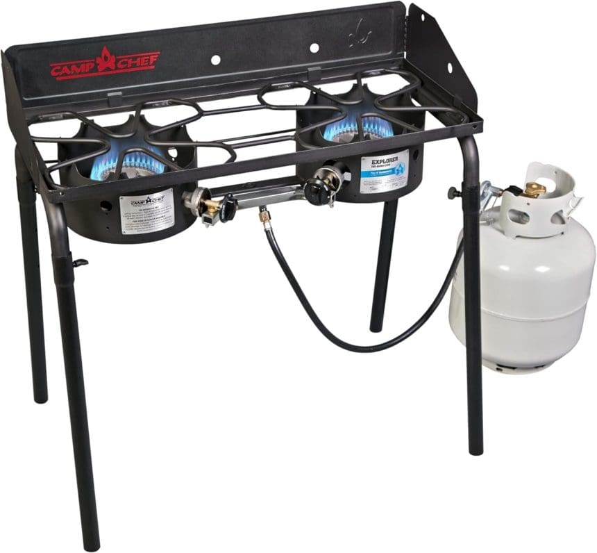 Front view of Camp Chef Explorer 2 Burner Stove with windscreen